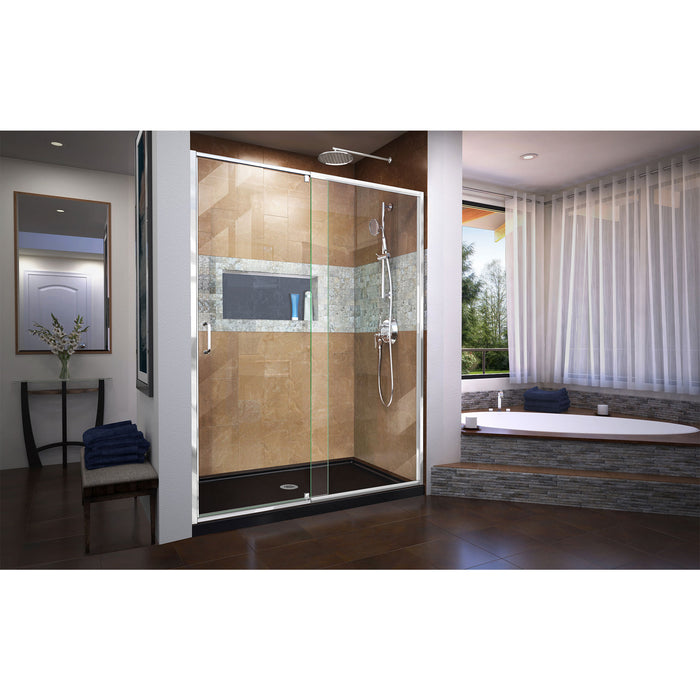 DreamLine DL-6222C-88-01 Flex 30"D x 60"W x 74 3/4"H Semi-Frameless Pivot Shower Door in Chrome with Center Drain Black Base Kit