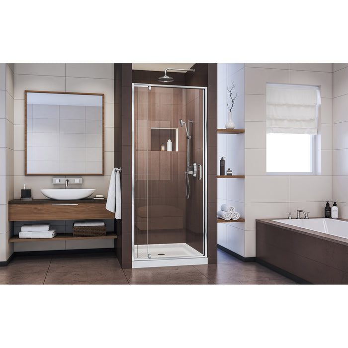 DreamLine DL-6215C-01CL Flex 32"D x 32"W x 74 3/4"H Semi-Frameless Pivot Shower Door in Chrome with Center Drain White Base