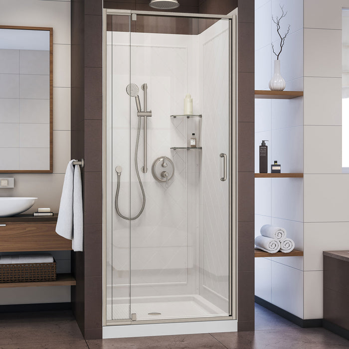 DreamLine DL-6218C-04CL Flex 36"D x 36"W x 76 3/4"H Semi-Frameless Shower Door in Brushed Nickel with White Base and Backwalls