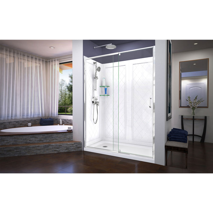 DreamLine DL-6230L-01 Flex 36"D x 60"W x 76 3/4"H Semi-Frameless Shower Door in Chrome with Left Drain White Base and Backwalls