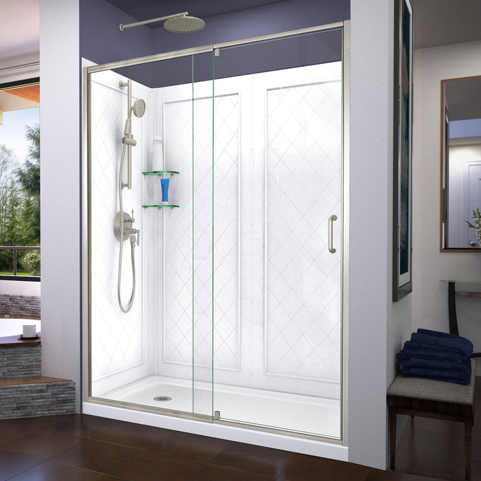 DreamLine DL-6227L-04 Flex 30"D x 60"W x 76 3/4"H Semi-Frameless Shower Door in Brushed Nickel with Left Drain Base and Backwalls
