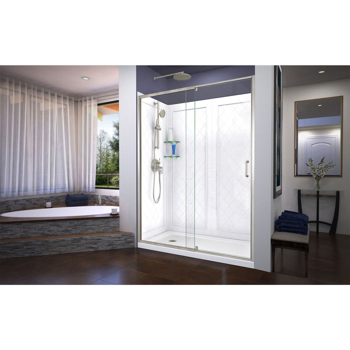 DreamLine DL-6227L-04 Flex 30"D x 60"W x 76 3/4"H Semi-Frameless Shower Door in Brushed Nickel with Left Drain Base and Backwalls