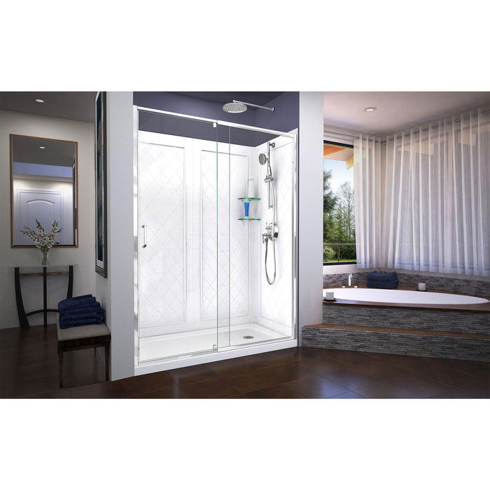 DreamLine DL-6230R-01 Flex 36"D x 60"W x 76 3/4"H Semi-Frameless Shower Door in Chrome with Right Drain White Base and Backwalls