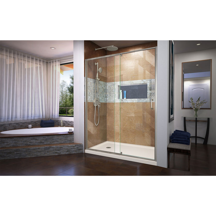 DreamLine DL-6222L-22-04 Flex 30"D x 60"W x 74 3/4"H Semi-Frameless Shower Door in Brushed Nickel with Left Drain Biscuit Base Kit