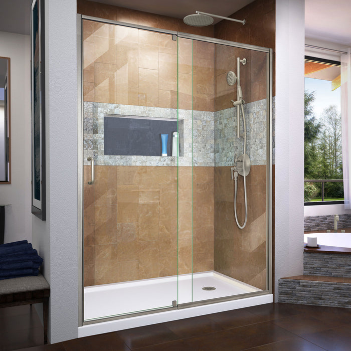 DreamLine DL-6225R-04 Flex 36"D x 60"W x 74 3/4"H Semi-Frameless Shower Door in Brushed Nickel with Right Drain White Base Kit