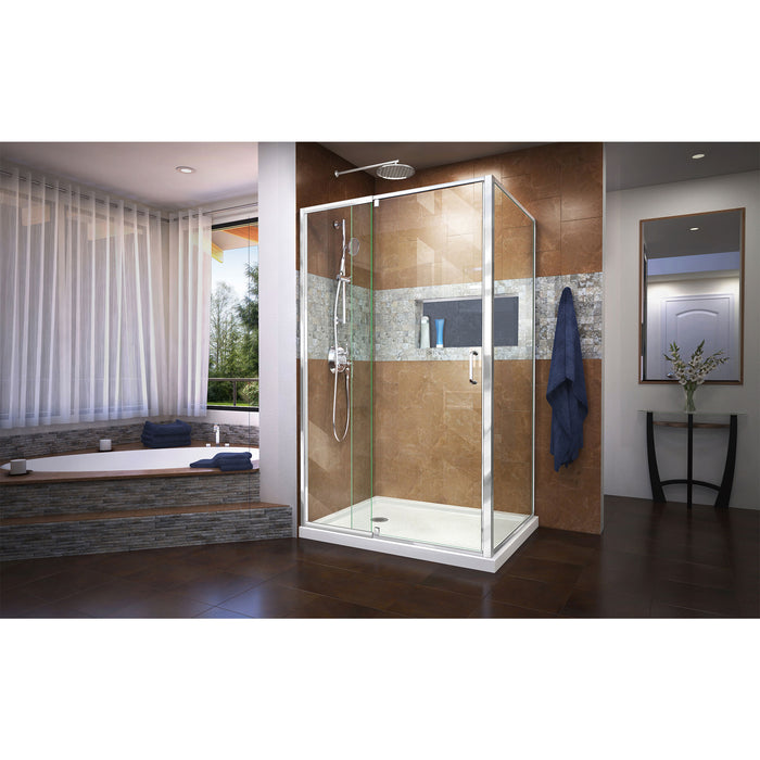 DreamLine DL-6719L-01CL Flex 36"D x 48"W x 74 3/4"H Semi-Frameless Pivot Shower Enclosure in Chrome with Left Drain White Base Kit