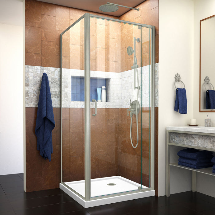 DreamLine DL-6715-04CL Flex 36"D x 36"W x 74 3/4"H Semi-Frameless Pivot Shower Enclosure in Brushed Nickel and White Base Kit