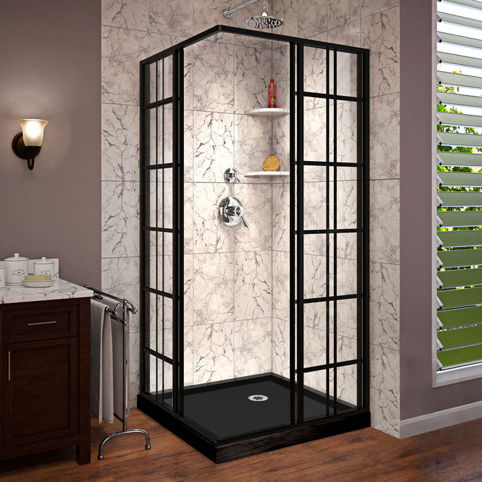 DreamLine DL-6789-09 French Corner 36"D x 36"W x 74 3/4"H Sliding Shower Enclosure in Satin Black and Corner Drain Black Base Kit