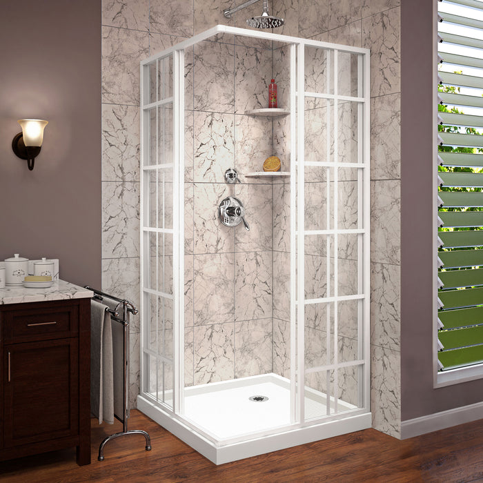 DreamLine DL-6789-00 French Corner 36"D x 36"W x 74 3/4"H Sliding Shower Enclosure in White and Corner Drain White Base Kit