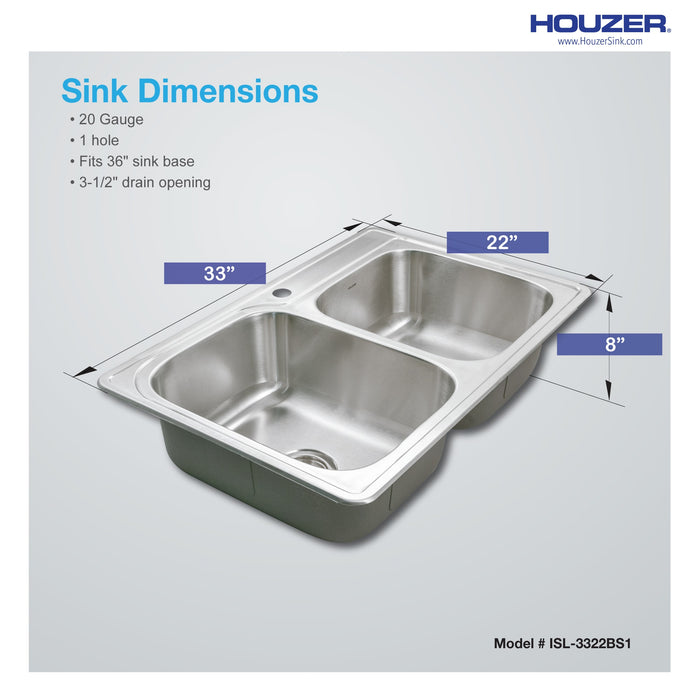 Houzer ISL-3322BS1-1 Glowtone 33" Drop-in Topmount 1-Hole 60/40 Double Bowl Kitchen Sink