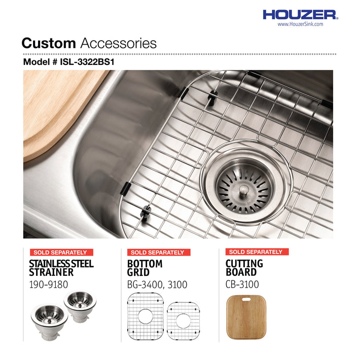 Houzer ISL-3322BS1-1 Glowtone 33" Drop-in Topmount 1-Hole 60/40 Double Bowl Kitchen Sink