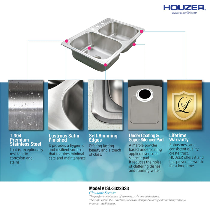 Houzer ISL-3322BS3-1 Glowtone 33" Drop-in Topmount 3-Hole 60/40 Double Bowl Kitchen Sink