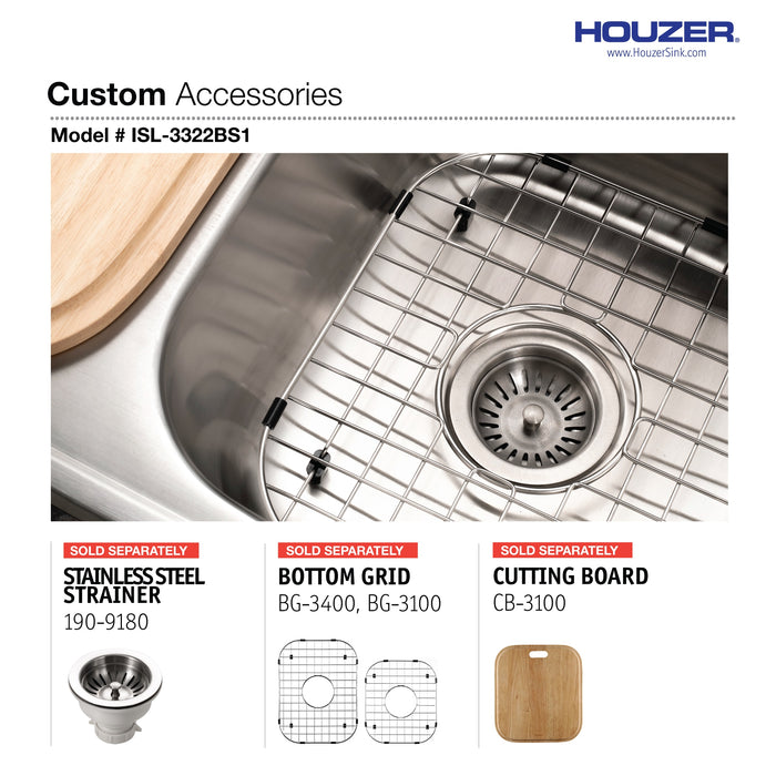 Houzer ISL-3322BS3-1 Glowtone 33" Drop-in Topmount 3-Hole 60/40 Double Bowl Kitchen Sink