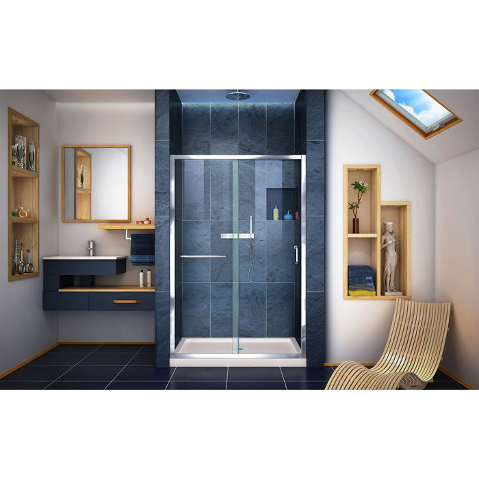 DreamLine DL-6975C-22-01 Infinity-Z 36"D x 48"W x 74 3/4"H Clear Sliding Shower Door in Chrome and Center Drain Biscuit Base