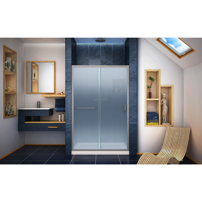 DreamLine DL-6975C-22-04F Infinity-Z 36"D x 48"W x 74 3/4"H Frosted Sliding Shower Door in Brushed Nickel, Center Drain Biscuit Base