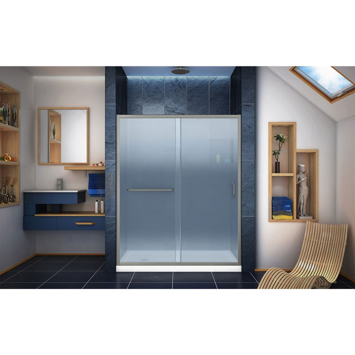 DreamLine DL-6972L-04FR Infinity-Z 34"D x 60"W x 74 3/4"H Frosted Sliding Shower Door in Brushed Nickel and Left Drain White Base