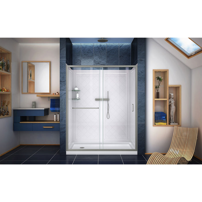 DreamLine DL-6117L-04CL Infinity-Z 32"D x 60"W x 76 3/4"H Clear Sliding Shower Door in Brushed Nickel, Left Drain Base and Backwalls