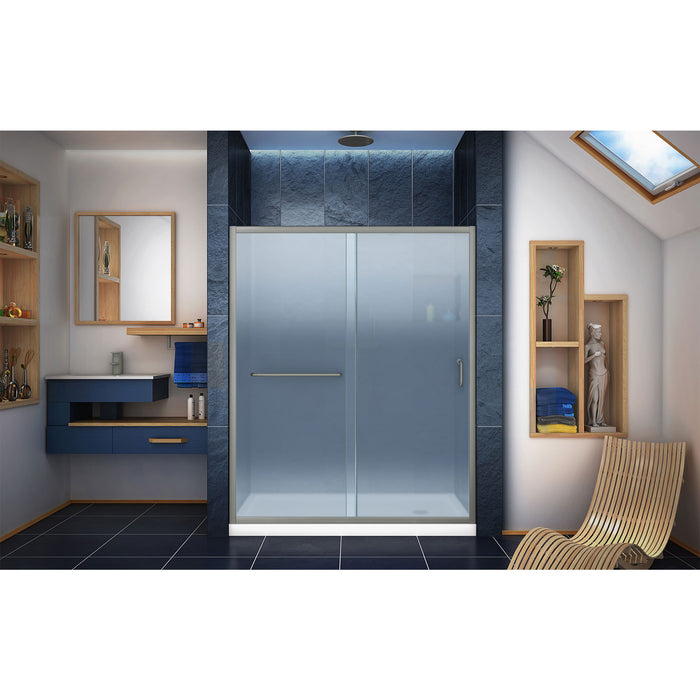 DreamLine DL-6970R-04FR Infinity-Z 30"D x 60"W x 74 3/4"H Frosted Sliding Shower Door in Brushed Nickel and Right Drain White Base