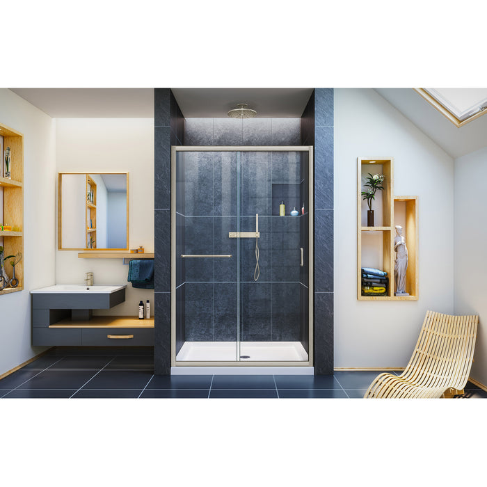 DreamLine DL-6975C-04CL Infinity-Z 36"D x 48"W x 74 3/4"H Clear Sliding Shower Door in Brushed Nickel and Center Drain White Base