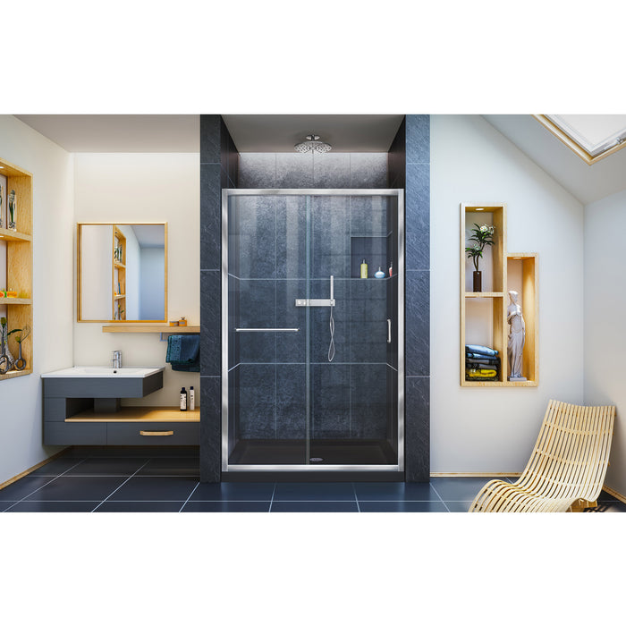 DreamLine DL-6975C-88-01 Infinity-Z 36"D x 48"W x 74 3/4"H Clear Sliding Shower Door in Chrome and Center Drain Black Base
