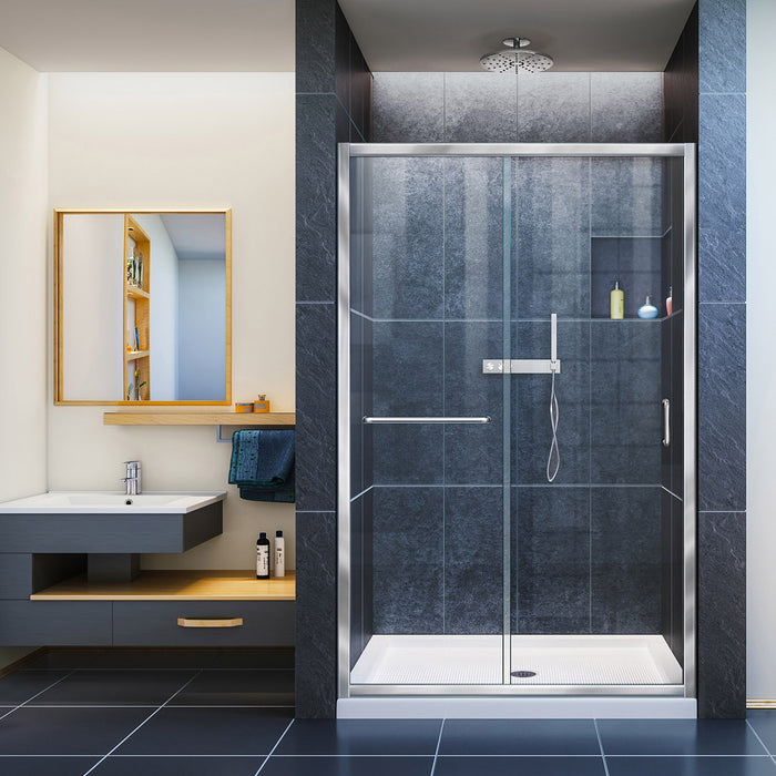 DreamLine DL-6975C-01CL Infinity-Z 36"D x 48"W x 74 3/4"H Clear Sliding Shower Door in Chrome and Center Drain White Base