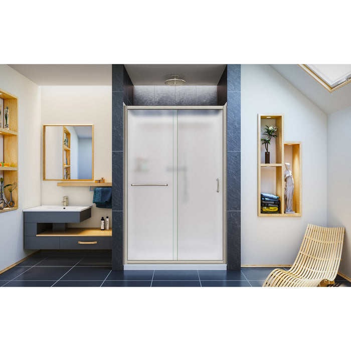 DreamLine DL-6107C-04FR Infinity-Z 36"D x 48"W x 76 3/4"H Frosted Sliding Shower Door in Brushed Nickel, Center Drain Base, Backwall