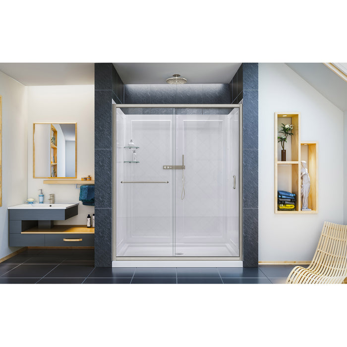 DreamLine DL-6117C-04CL Infinity-Z 32"D x 60"W x 76 3/4"H Clear Sliding Shower Door in Brushed Nickel, Center Drain Shower Base and Backwalls