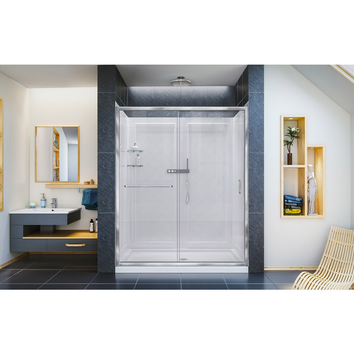 DreamLine DL-6116C-01CL Infinity-Z 30"D x 60"W x 76 3/4"H Clear Sliding Shower Door in Chrome, Center Drain Base and Backwalls
