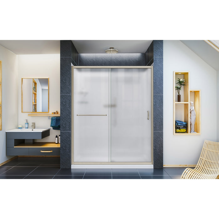 DreamLine DL-6118L-04FR Infinity-Z 34"D x 60"W x 76 3/4"H Frosted Sliding Shower Door in Brushed Nickel, Left Drain Base, Backwalls