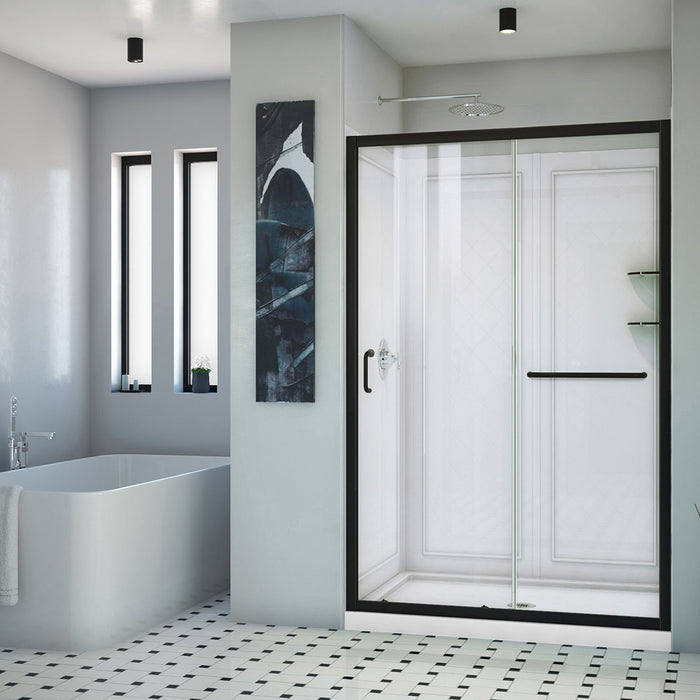Dreamline DL-6107-CLC-09 Infinity-Z 36"D x 48"W x 76 3/4" H Clear Sliding Shower Door in Satin Black, Center Drain Base, Backwall