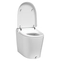 Brondell KBT-900 front three-quarter view of the white Coit toilet with the lid upright