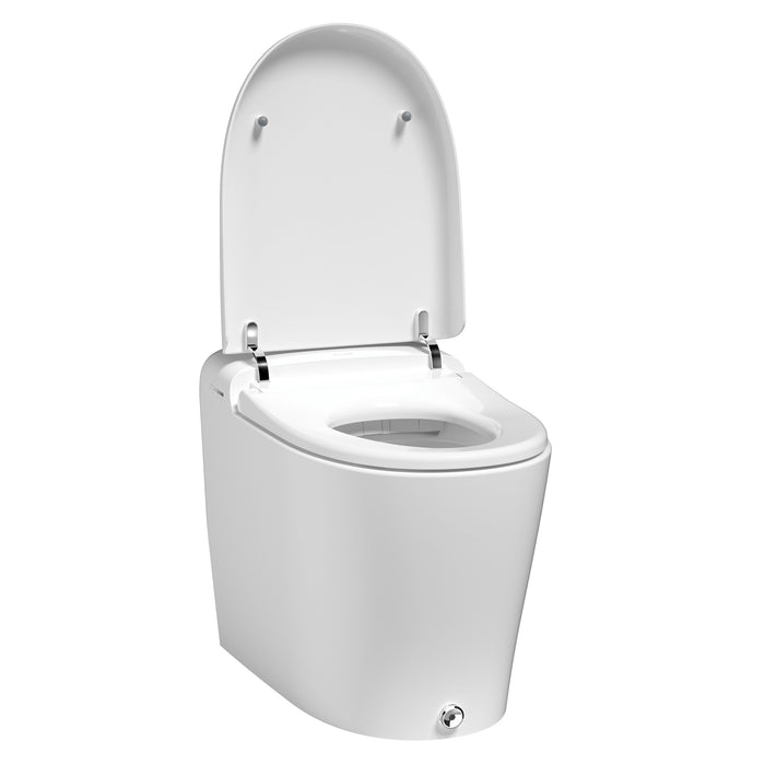 Brondell KBT-900 front three-quarter view of the white Coit toilet with the lid upright