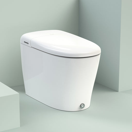 Brondell KBT-900 white Coit smart toilet with closed lid in a pale green display setting