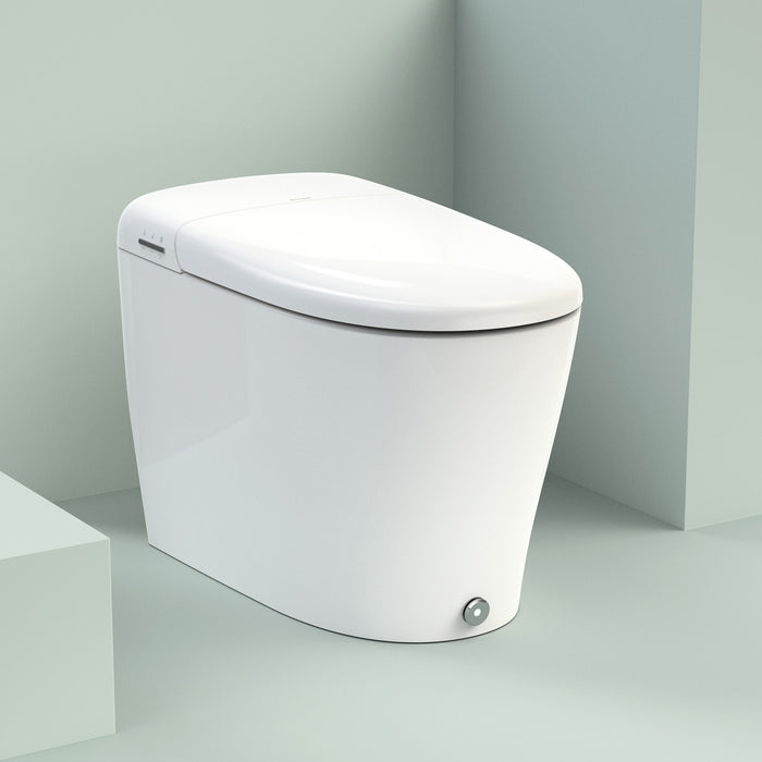 Brondell KBT-900 white Coit smart toilet with closed lid in a pale green display setting