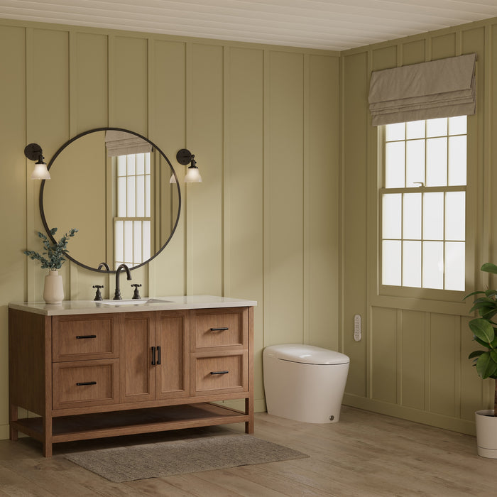 Brondell KBT-900 Coit smart toilet installed beside a wood vanity in a green bathroom