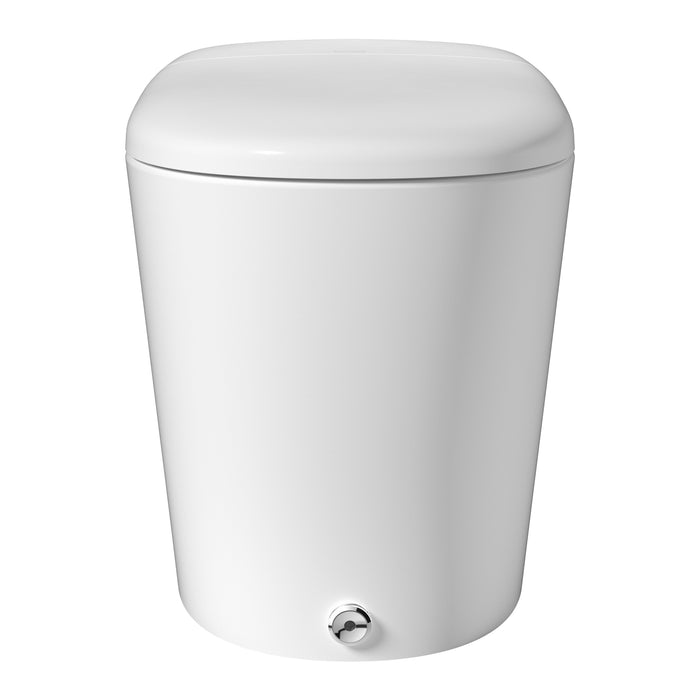 Brondell KBT-900 front view of the closed Coit toilet and round foot-activated button near the base