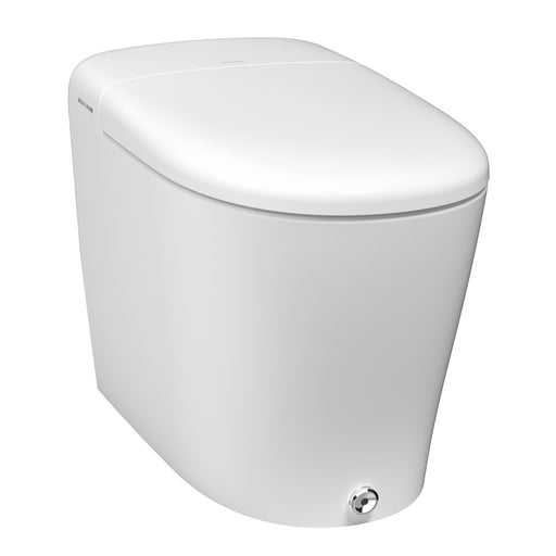 Brondell KBT-900 white Coit toilet in an angled product view with lid closed and foot button visible