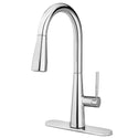 Brondell KF10-CH Jema kitchen faucet in chrome, angled view with the matching deck plate