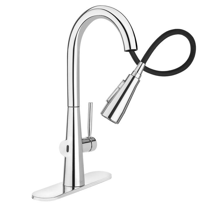Brondell KF10-CH Jema faucet in chrome with its pull-down sprayhead extended and hose visible