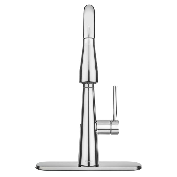Brondell KF10-CH front view of the Jema faucet in chrome with the matching deck plate