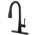 Brondell KF10-MB Jema kitchen faucet in matte black, angled view with the matching deck plate