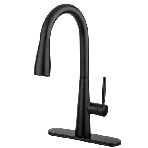 Brondell KF10-MB Jema kitchen faucet in matte black, angled view with the matching deck plate