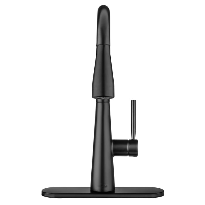 Brondell KF10-MB front view of the Jema faucet in matte black with the matching deck plate