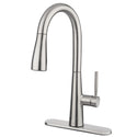 Brondell KF10-SRS Jema kitchen faucet in spotclear stainless, angled view with the matching deck plate