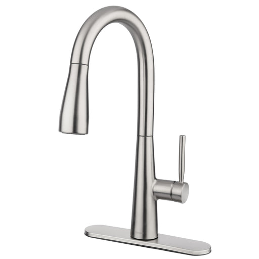 Brondell KF10-SRS Jema kitchen faucet in spotclear stainless, angled view with the matching deck plate