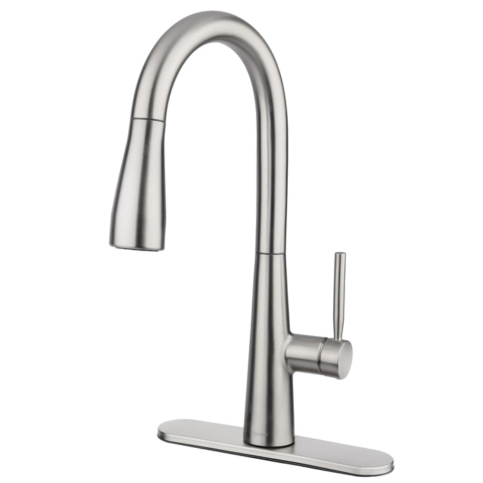 Brondell KF10-SRS Jema kitchen faucet in spotclear stainless, angled view with the matching deck plate
