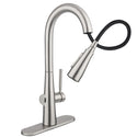 Brondell KF10-SRS Jema faucet in spotclear stainless with its pull-down sprayhead extended and hose visible