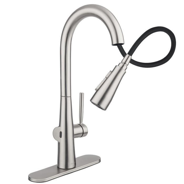 Brondell KF10-SRS Jema faucet in spotclear stainless with its pull-down sprayhead extended and hose visible