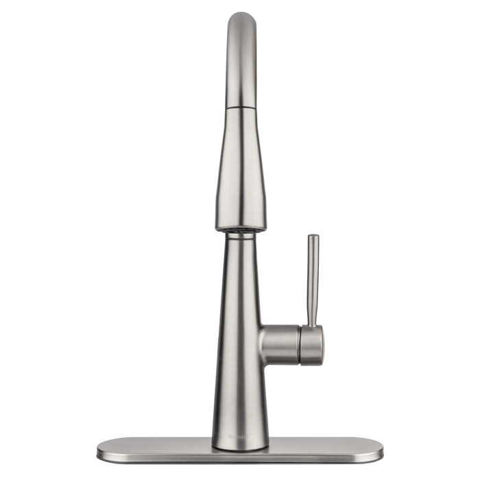 Brondell KF10-SRS front view of the Jema faucet in spotclear stainless with the matching deck plate