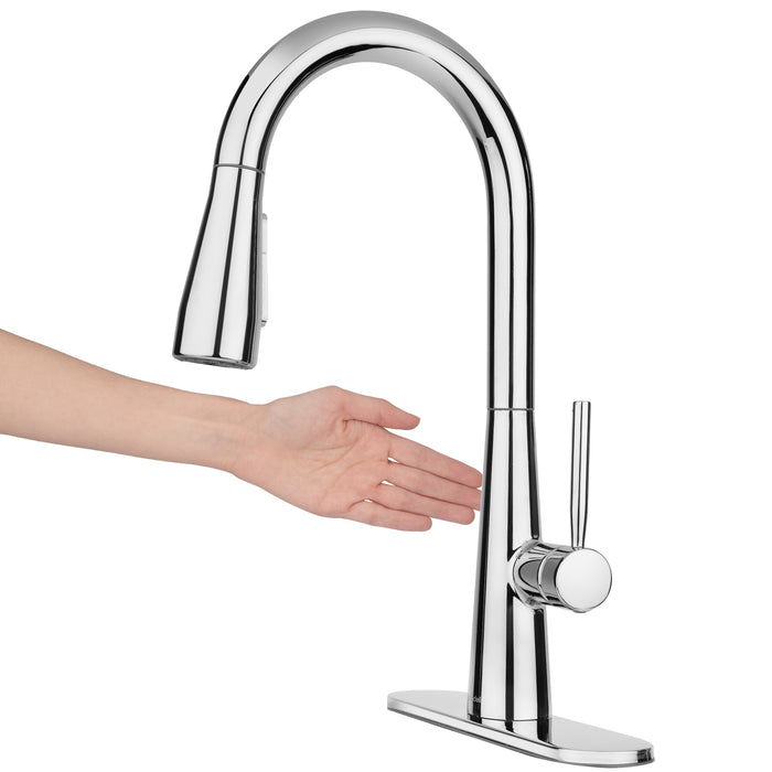 Brondell KFS15-CH hand waving beside the sensor on the Jema touchless faucet in chrome